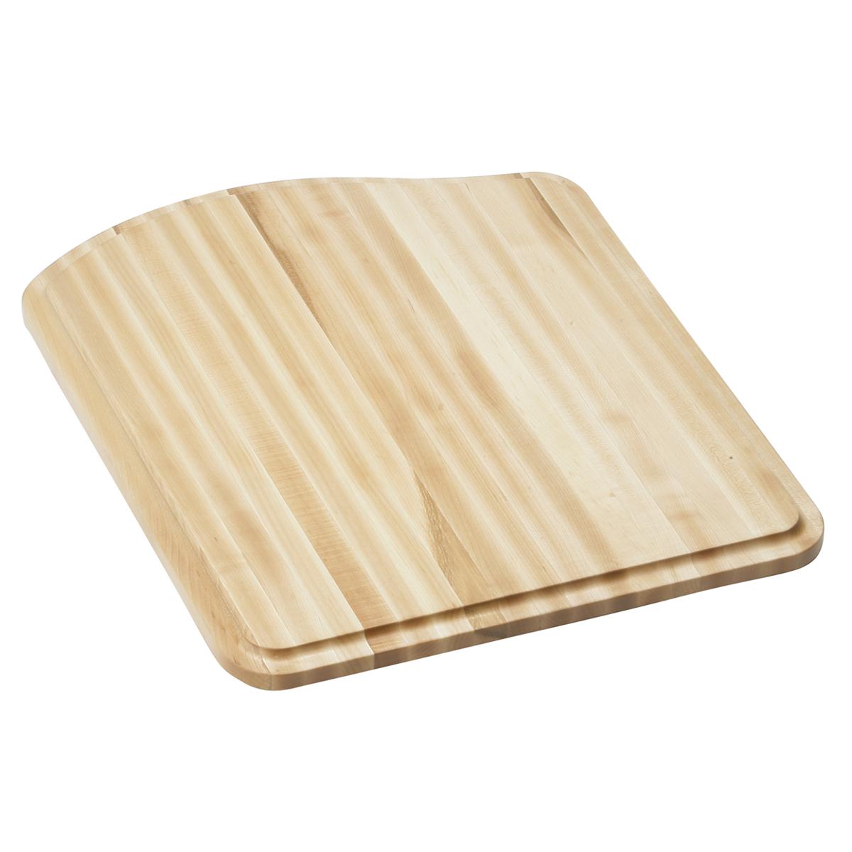 Light wood cutting board with rounded corners and groove channels along edges.