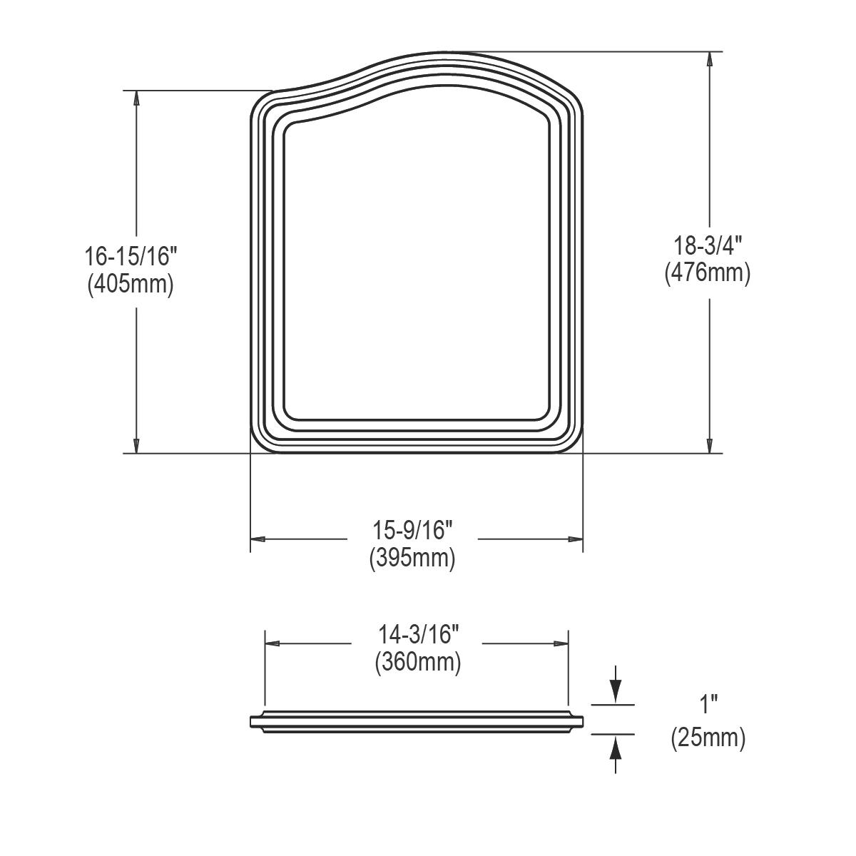 Rectangular hardwood cutting board with rounded corners and recessed edge grooves, shown in top and side view with dimensions