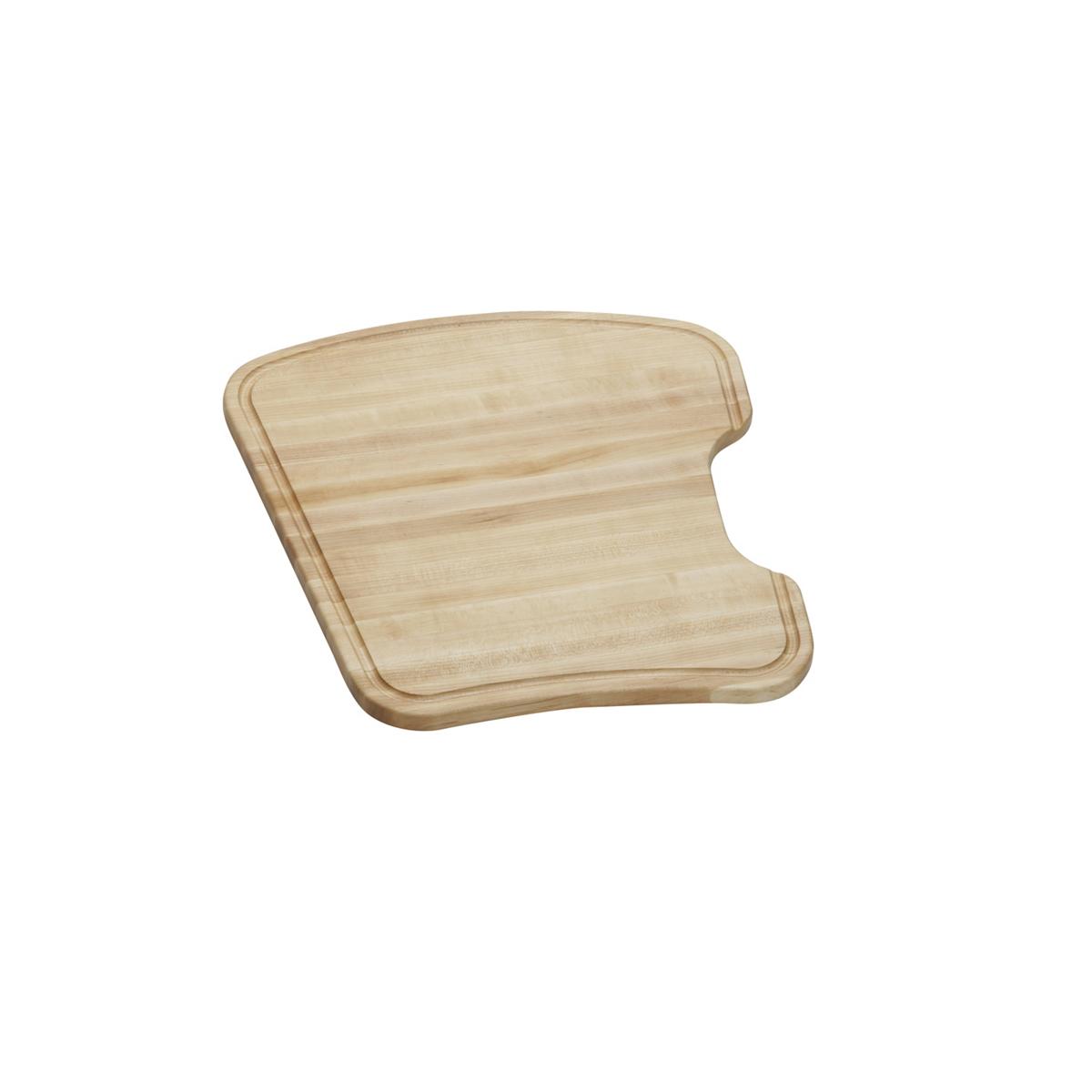 Light wood cutting board with curved edges and juice groove, shown from above.