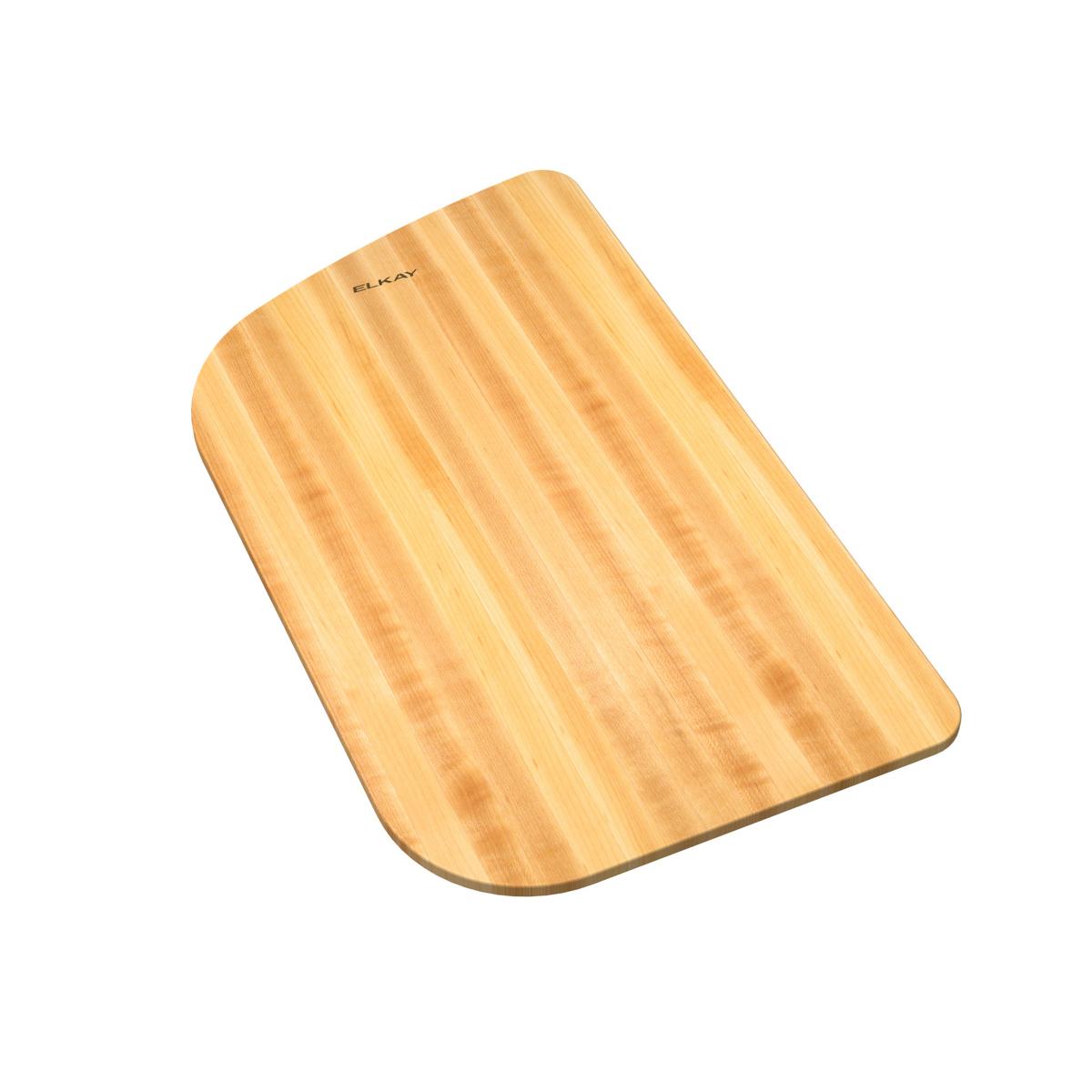 Rectangular hardwood cutting board with rounded corners and vertical grain pattern, stamped with Elkay logo.