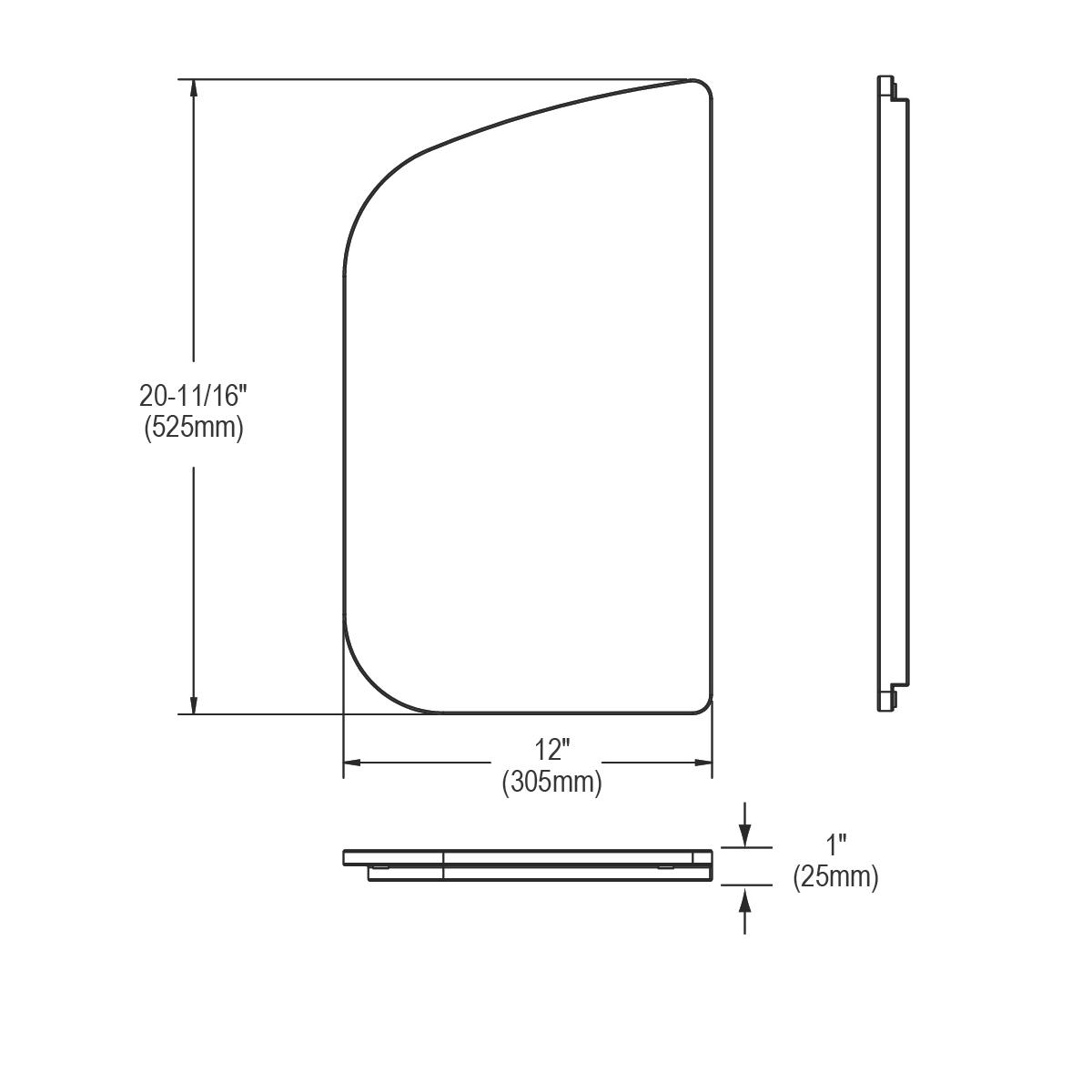 Hardwood cutting board with rounded corners, 12" x 20-11/16" x 1" thick, shown in top and side views with undermount installa