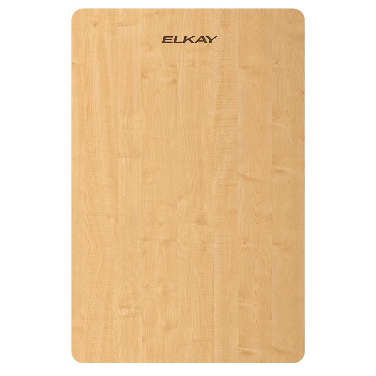 Rectangular hardwood cutting board with rounded corners and "ELKAY" branding, light natural wood finish.