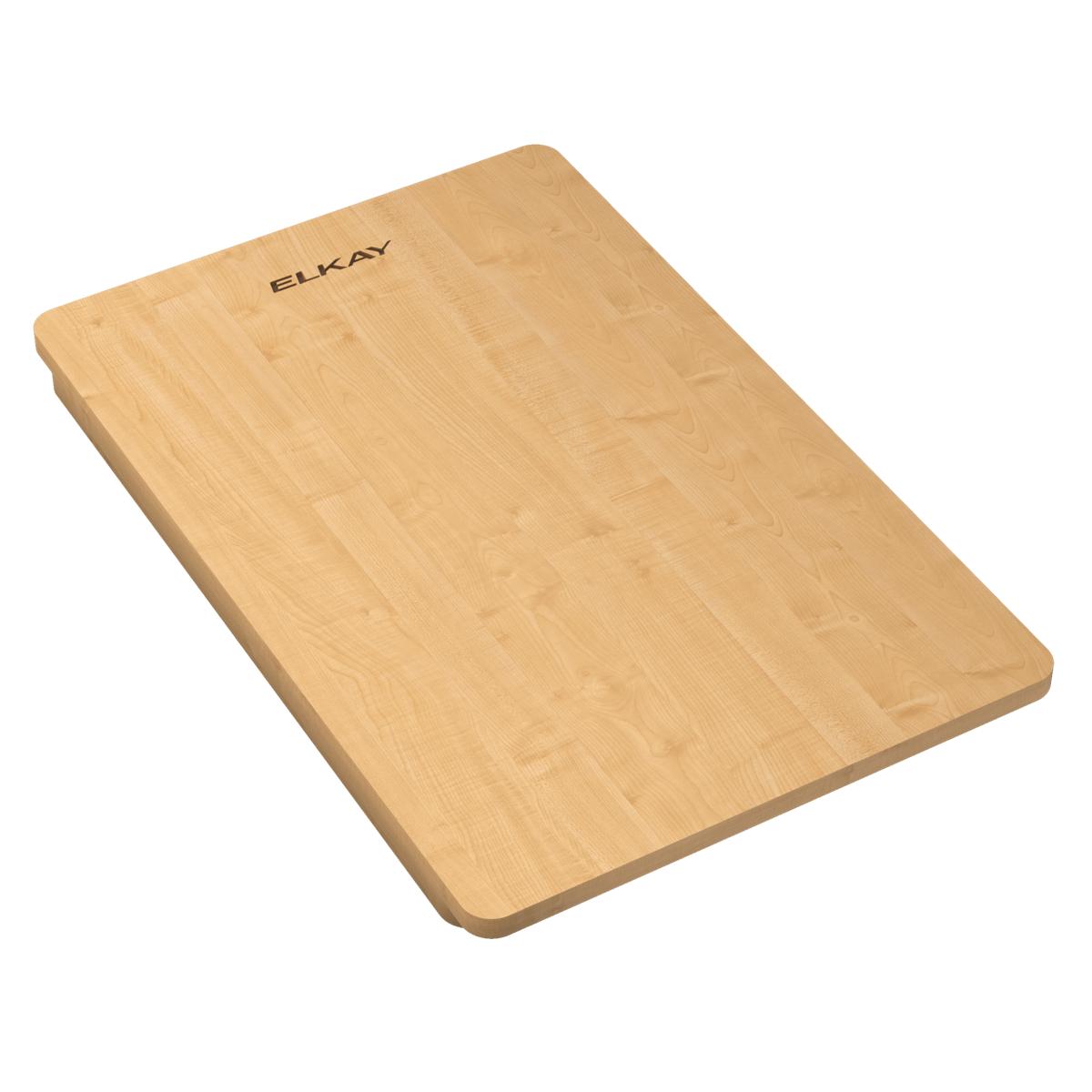 Rectangular light wood cutting board with rounded corners and Elkay branding stamped on surface.
