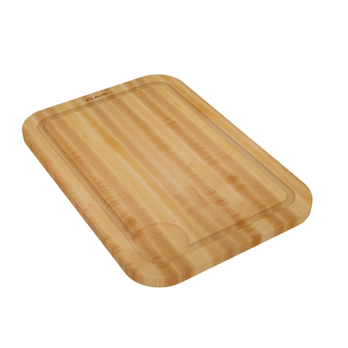 Rectangular hardwood cutting board with rounded corners and grooved edge, light natural wood grain visible.