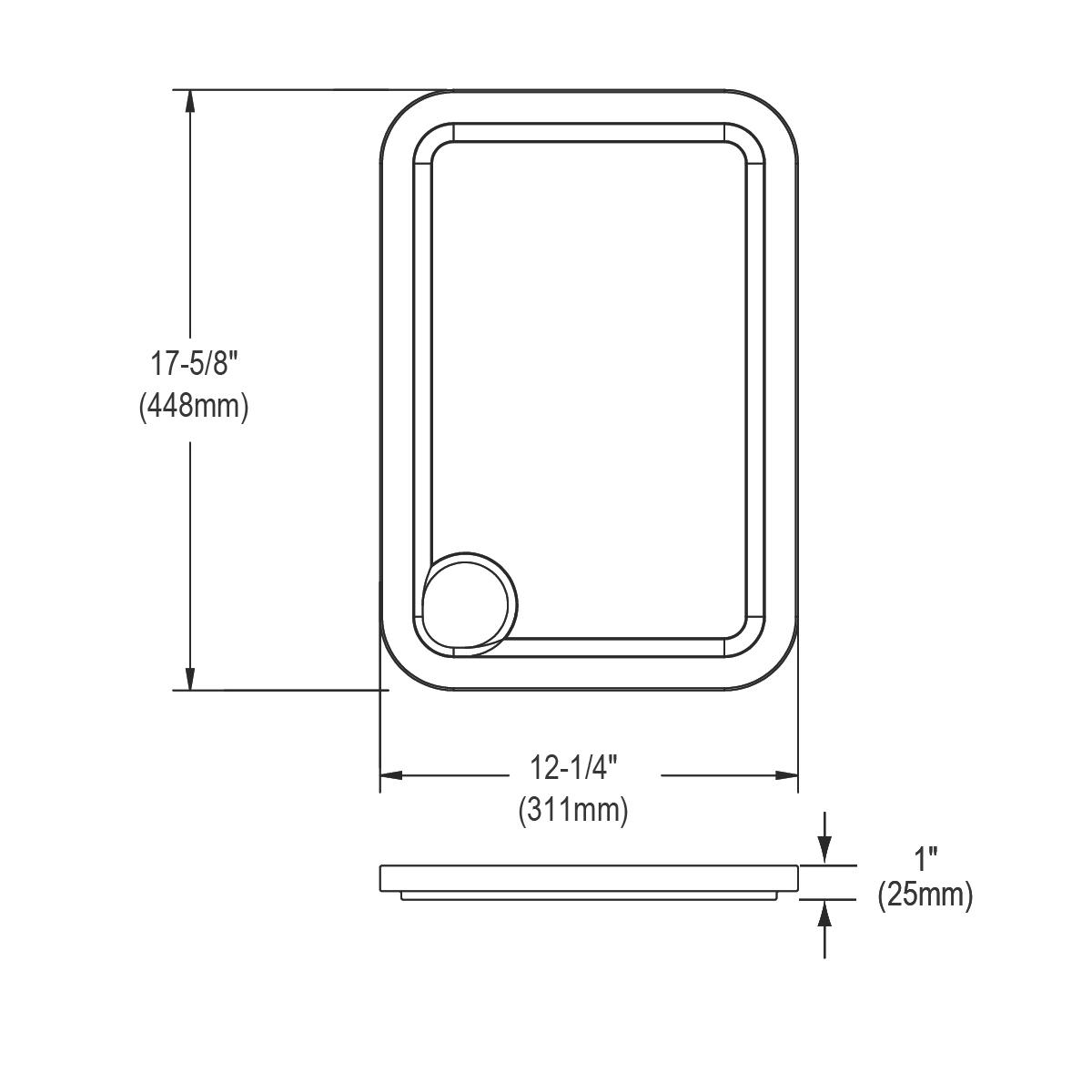 Rectangular hardwood cutting board with rounded corners and a circular handle cutout, shown in top and side views with dimens