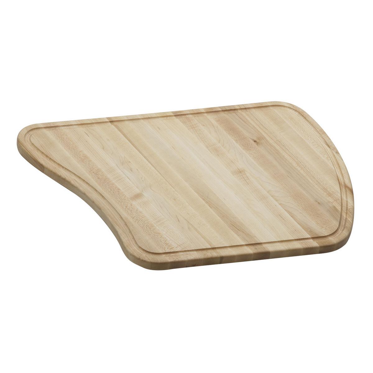 Light wood cutting board with rounded corners and juice groove along edges.