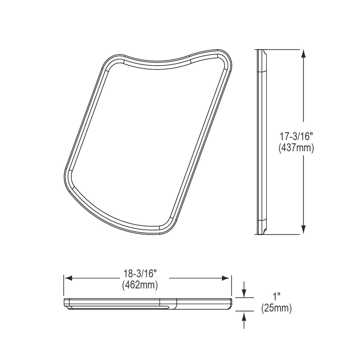 Rectangular hardwood cutting board with rounded corners and recessed groove around edges, shown in top, side, and front views