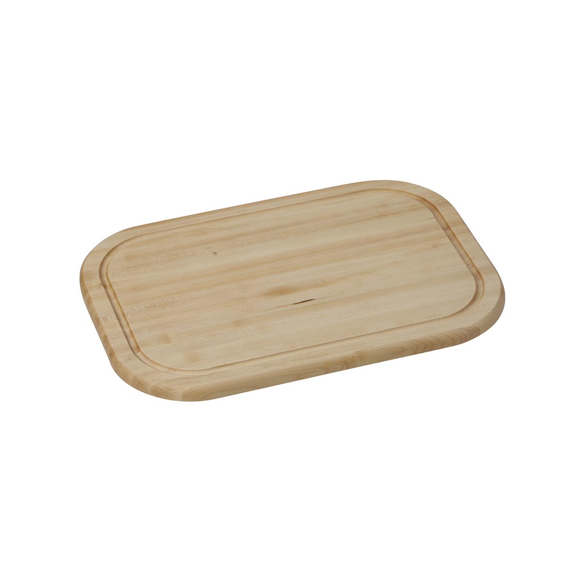 Light wood cutting board with rounded corners and a grooved edge border.