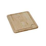 Light wood cutting board with rounded edges and a grooved juice channel on one corner.