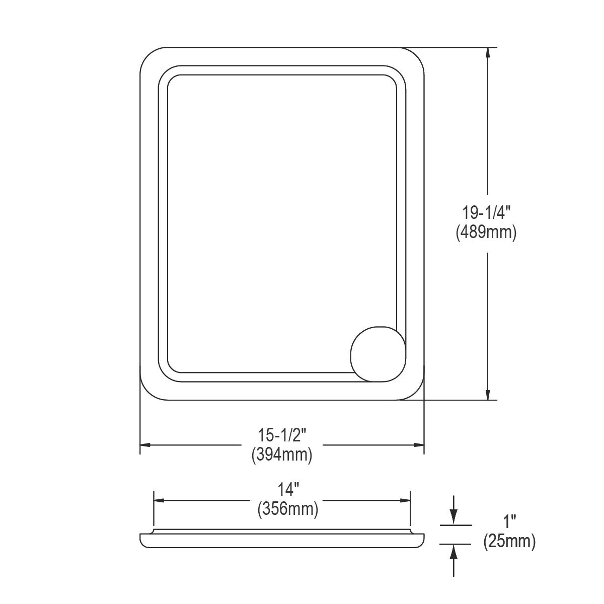 Rectangular hardwood cutting board with rounded corners and a circular handle cutout, shown in top and side views with dimens