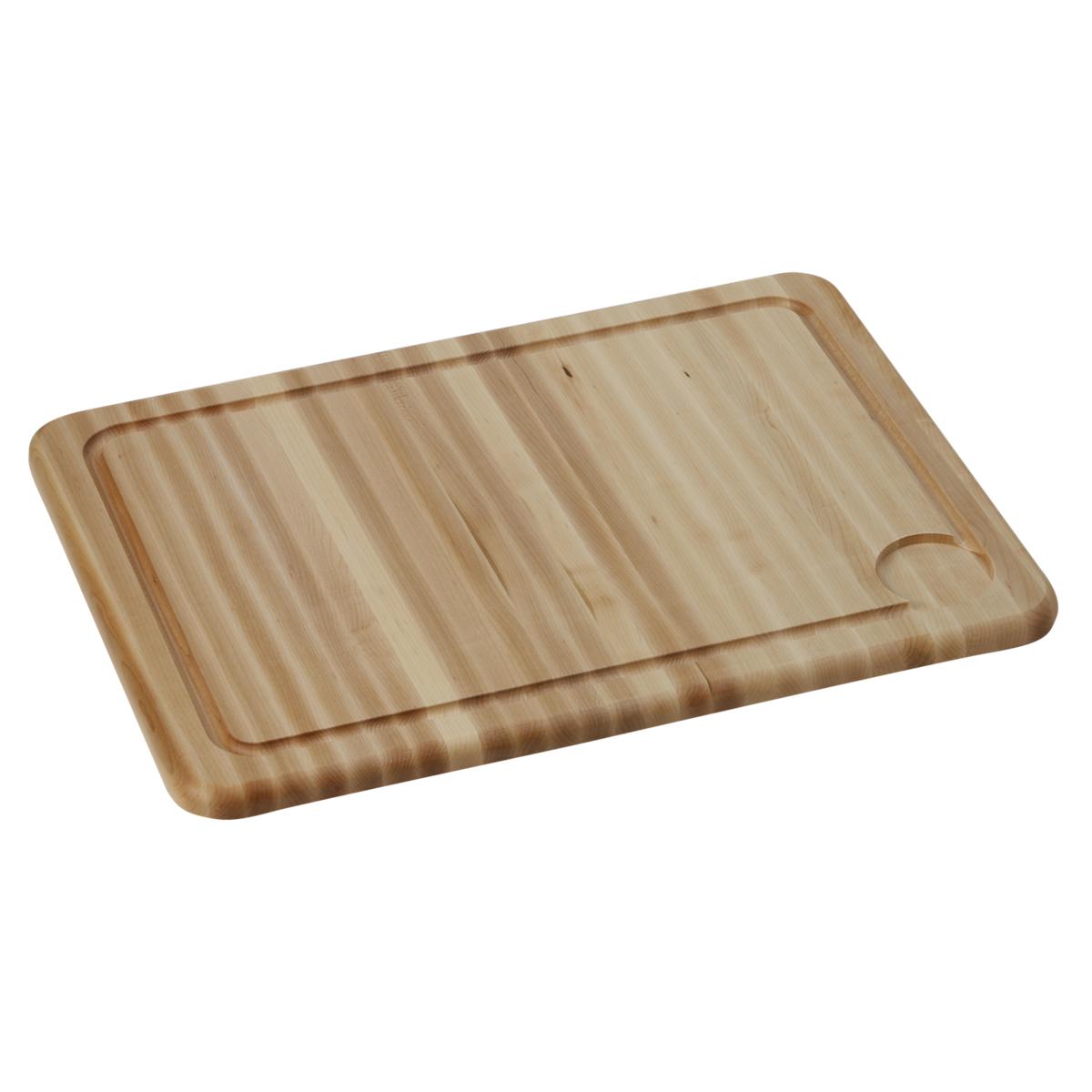 Light hardwood cutting board with rounded corners and a groove channel around the perimeter.