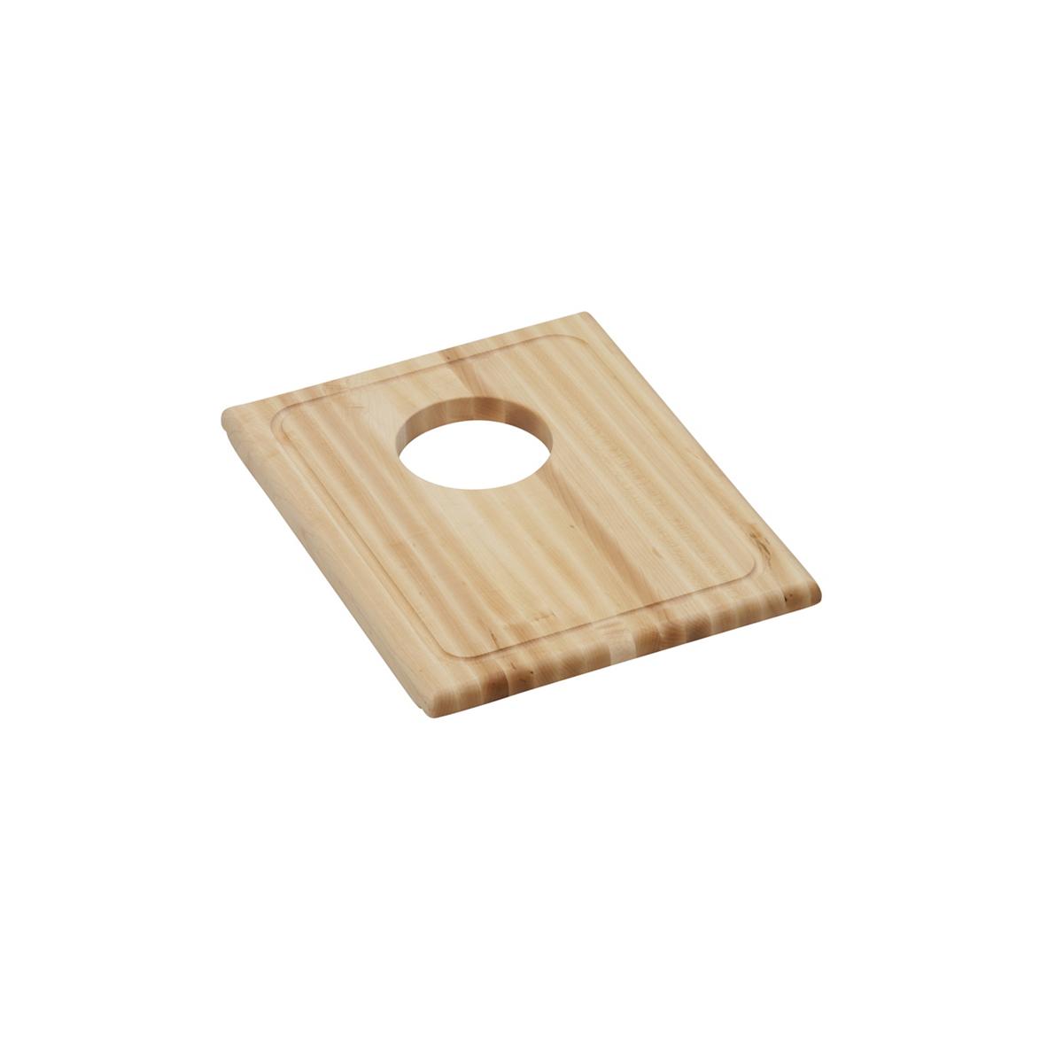 Light wood cutting board with grooved surface and center circular handle opening.
