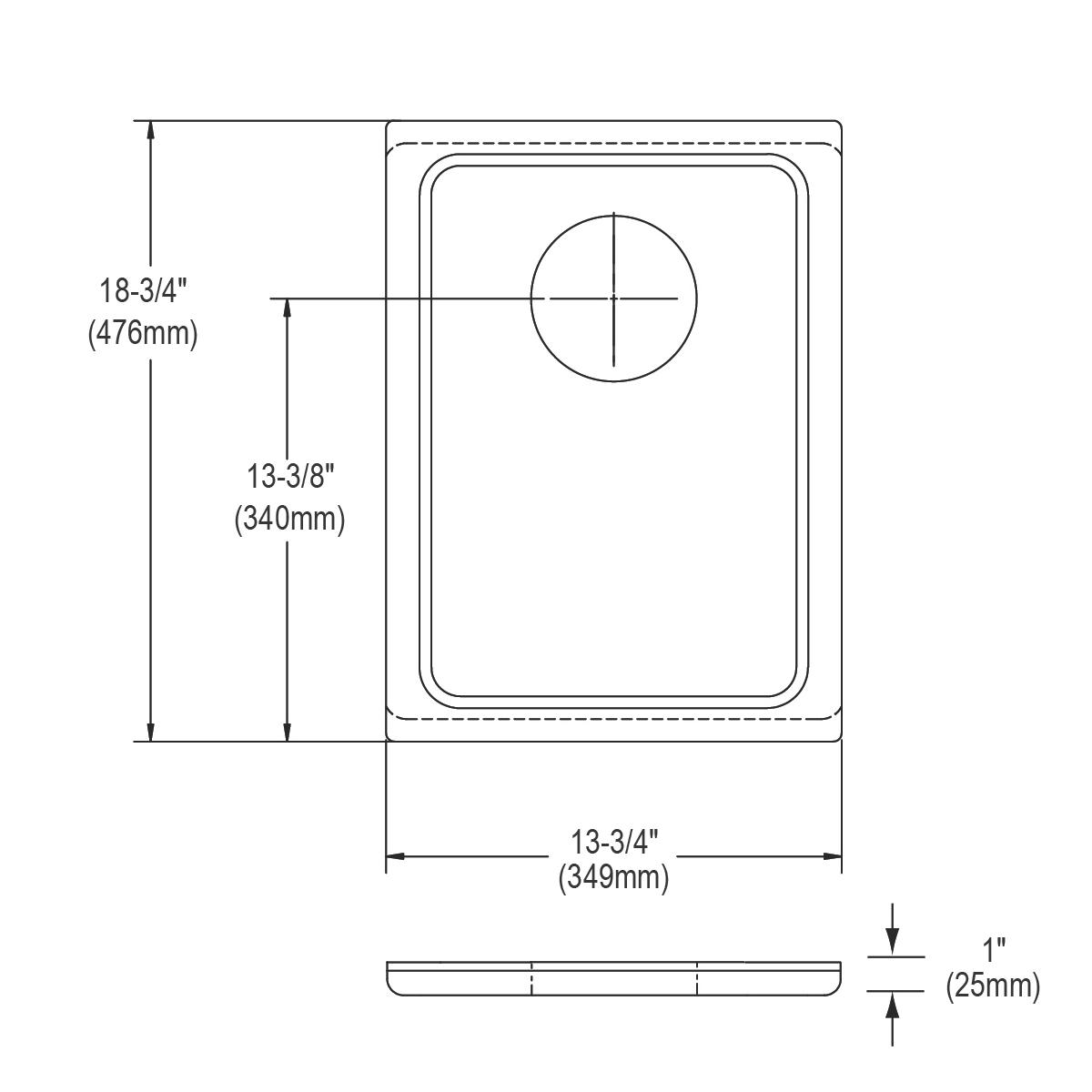 Rectangular hardwood cutting board with rounded corners and center circular well, shown in top and side view with dimensions.