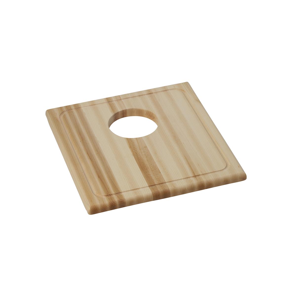 Rectangular hardwood cutting board with vertical grain pattern and oval handle cutout.
