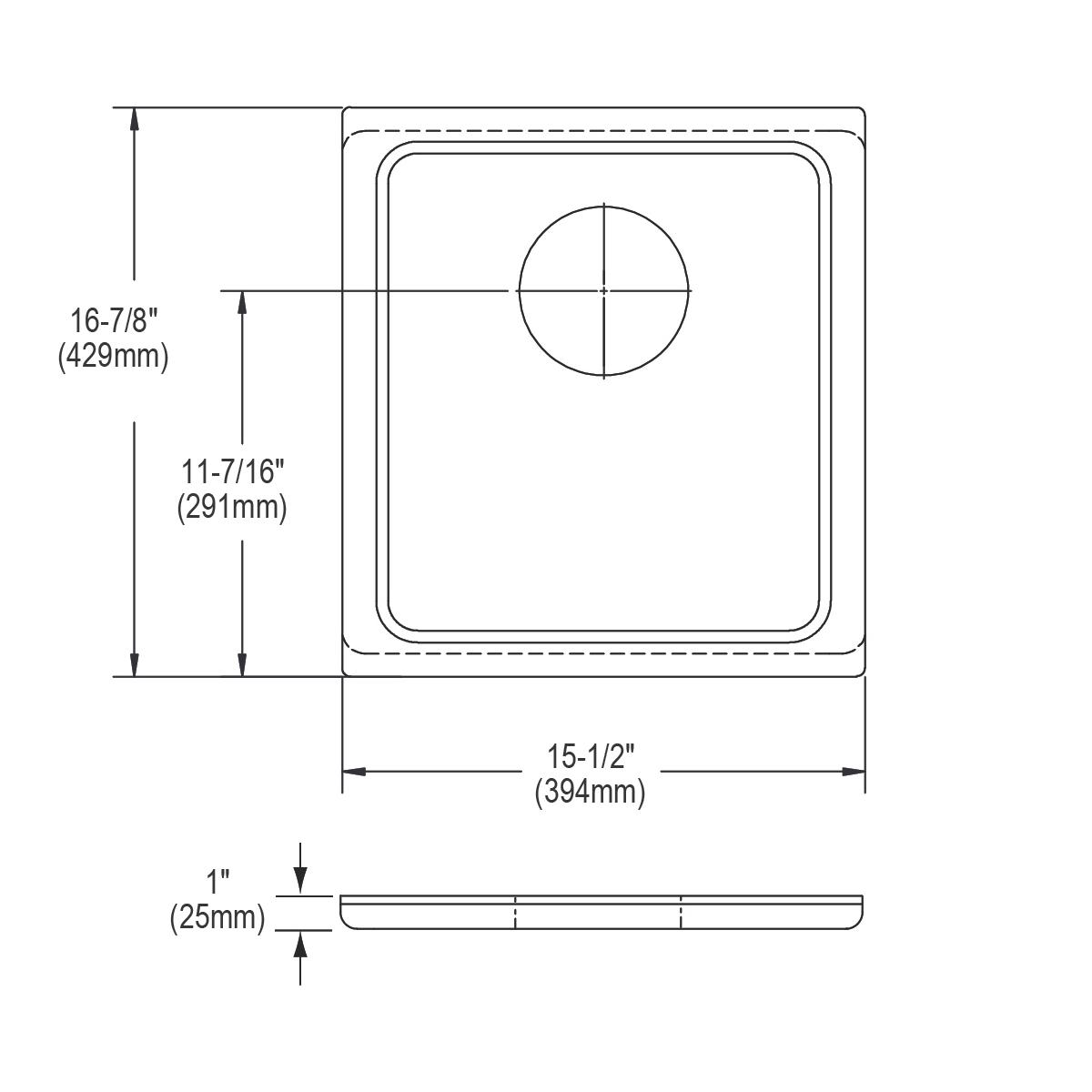 Rectangular hardwood cutting board with rounded corners, circular sink opening, and dimensions marked at 15-1/2" x 16-7/8" x 