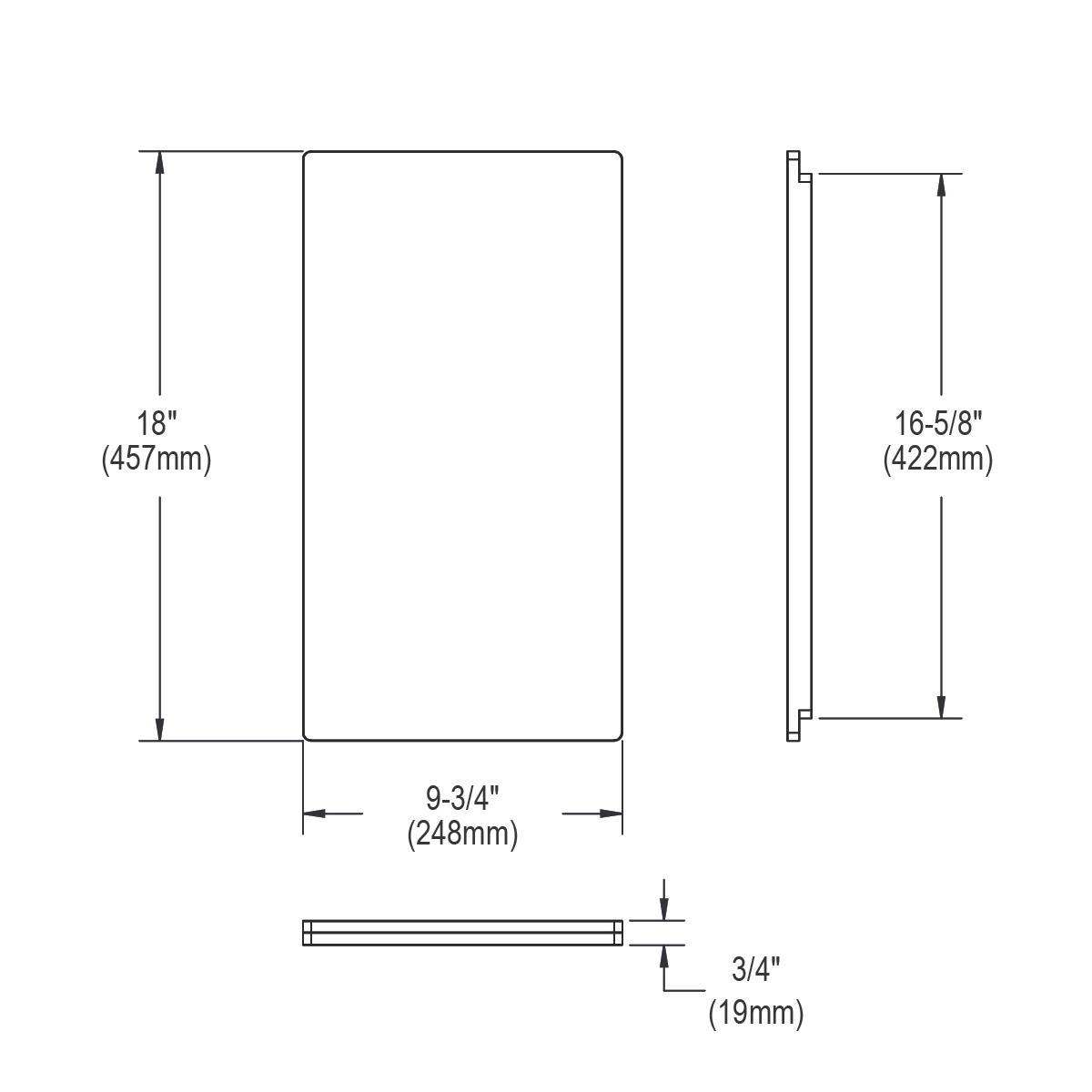 Rectangular hardwood cutting board with rounded corners shown in front, side, and top views with dimensions labeled.