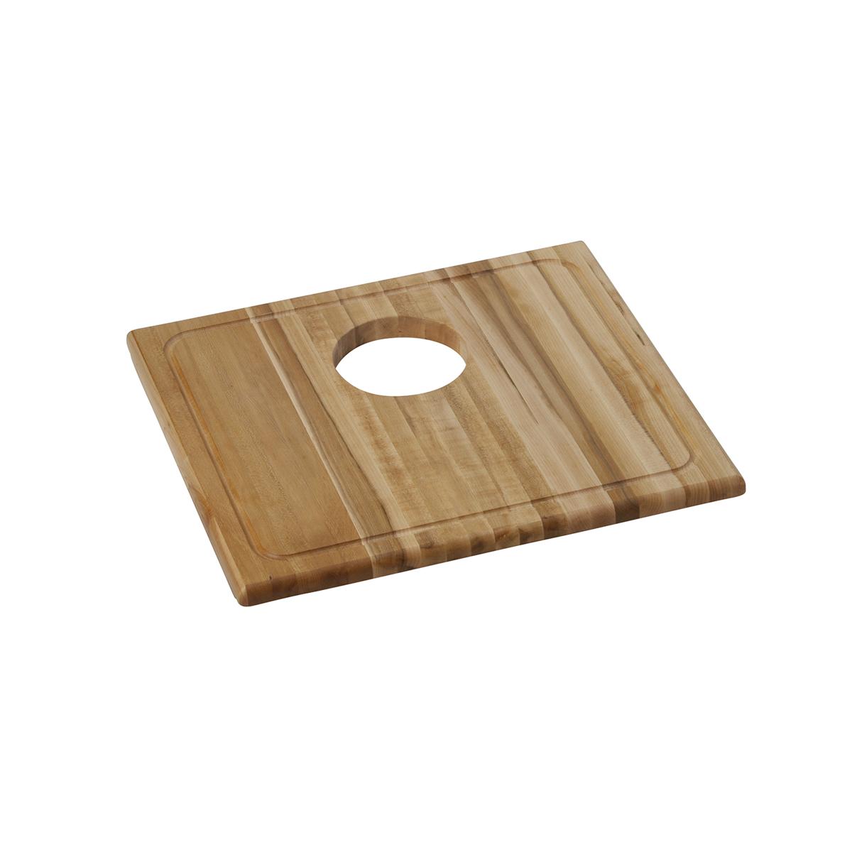 Rectangular hardwood cutting board with oval handle cutout and juice groove channels on surface.