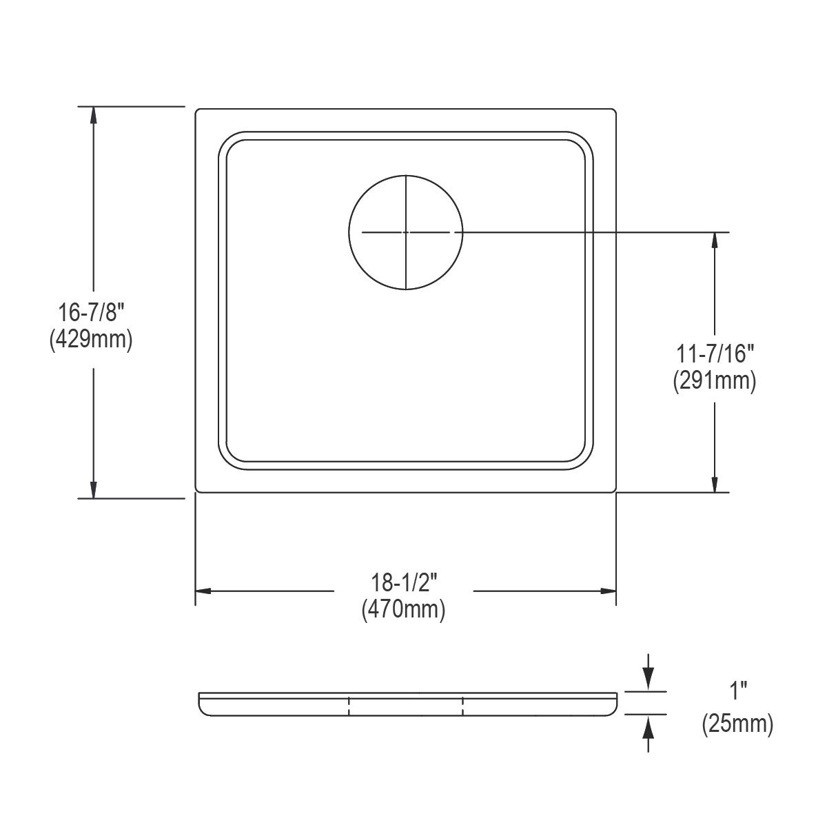 Hardwood cutting board with rounded corners and circular well, top and side views with dimensions labeled.