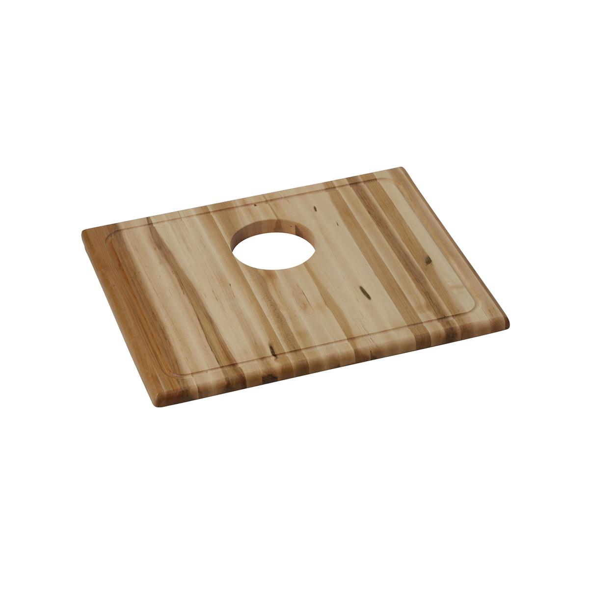 Rectangular hardwood cutting board with striped grain pattern and oval handle cutout.