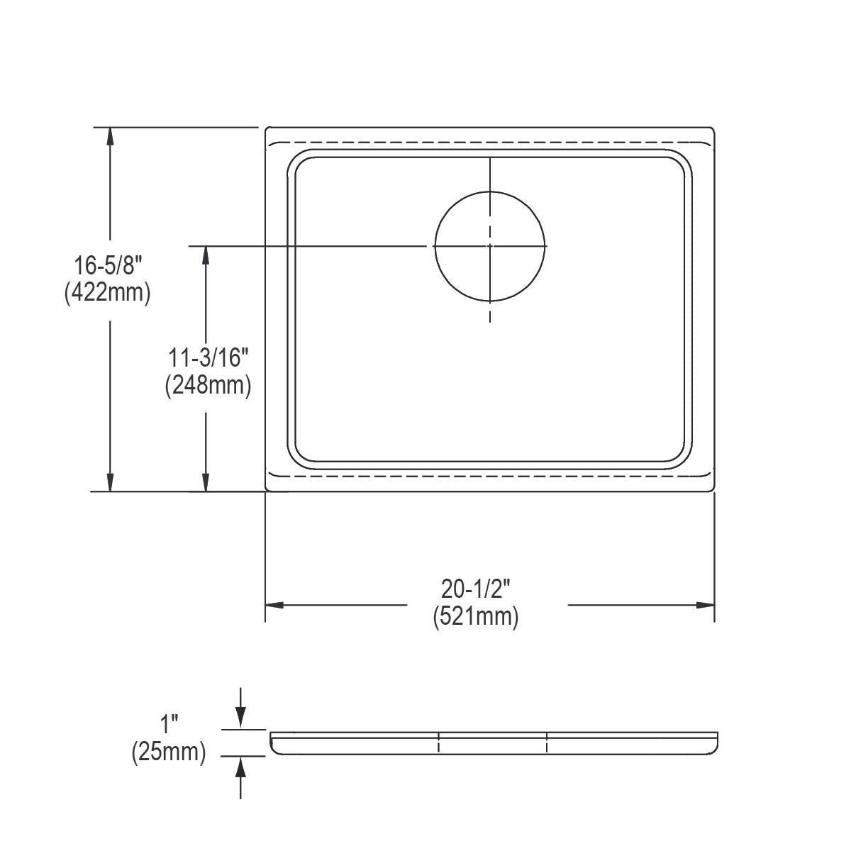 Rectangular hardwood cutting board with rounded corners and a circular drain hole, shown in top and side view technical drawi
