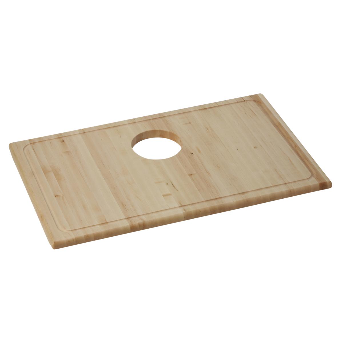 Light wood cutting board with oval handle hole and grooved edges.