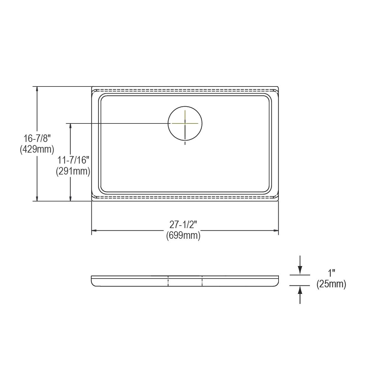 Rectangular hardwood cutting board with rounded corners and center drain hole, shown in top and side views with dimensions.
