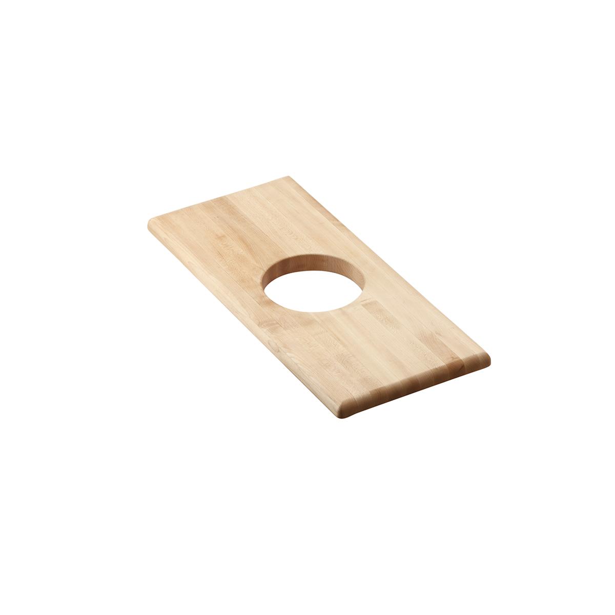 Rectangular light wood cutting board with circular hole near center.