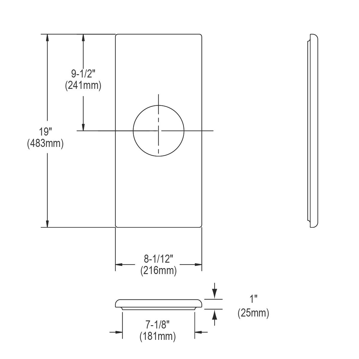 Elkay hardwood cutting board, 8-1/2" x 19" x 1", shown in top, side, and detail views with circular sink opening.