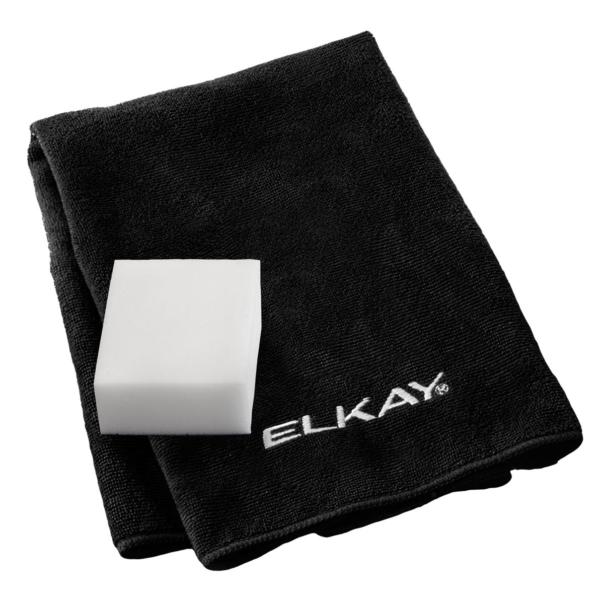 Black Elkay cleaning cloth with white rectangular cleaning pad on folded textile.
