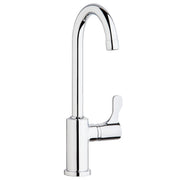 Chrome single-hole deck mount faucet with tall curved gooseneck spout and right-side lever handle.