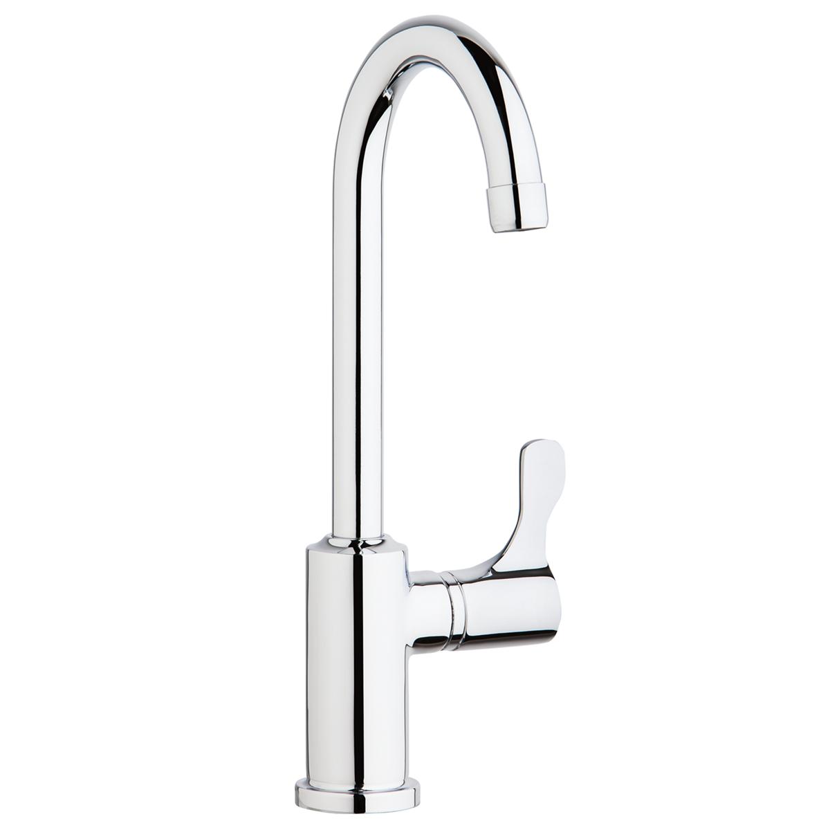 Chrome single-hole deck mount faucet with tall curved gooseneck spout and right-side lever handle.