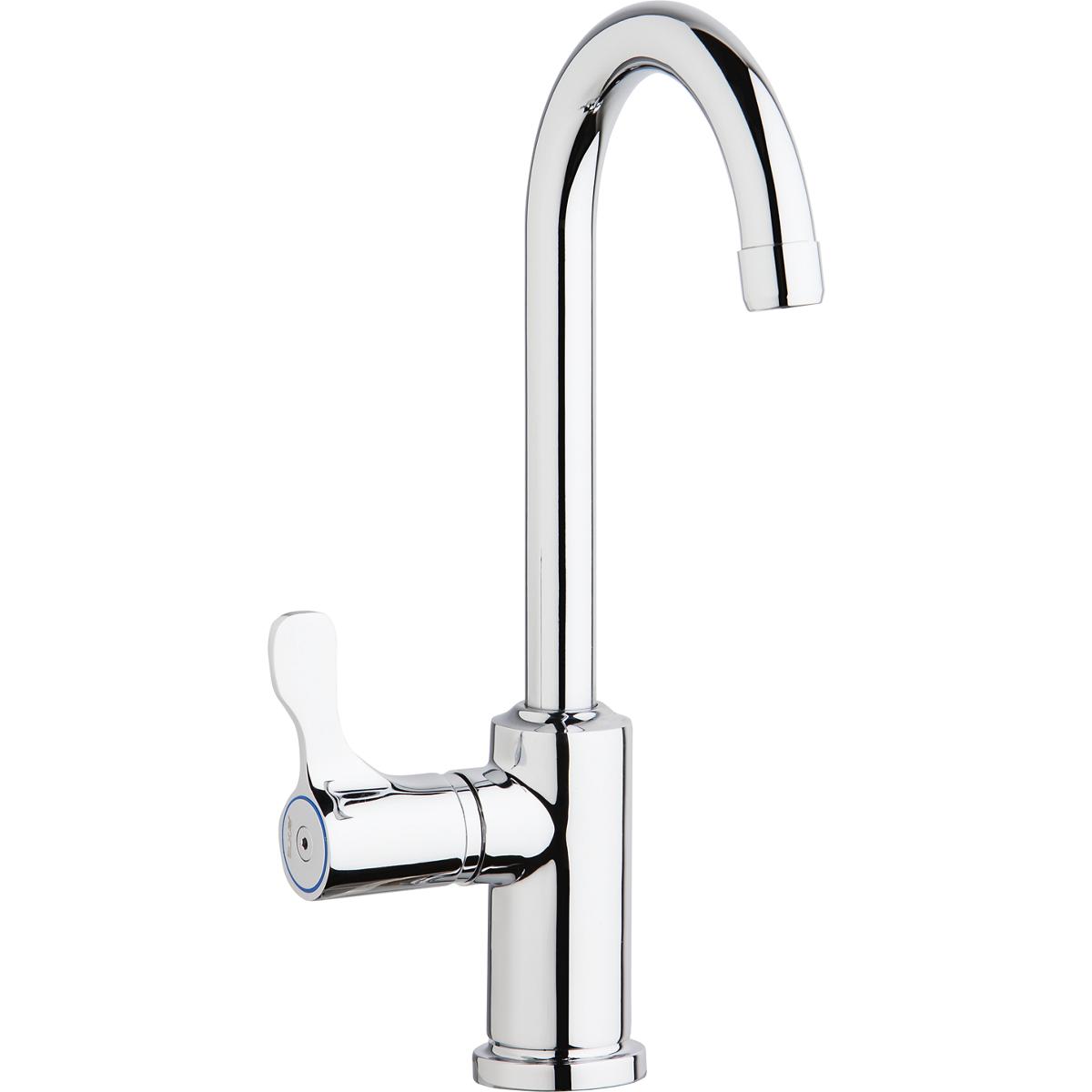 Chrome faucet with tall curved spout and single white lever handle for classroom sink.