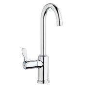 Chrome deck mount faucet with gooseneck spout and left-side lever handle.