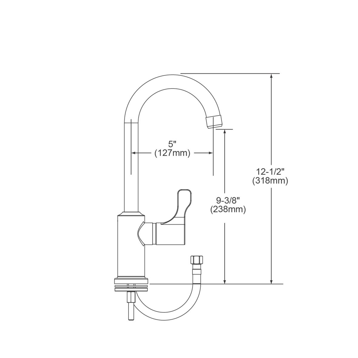 Chrome single-hole deck mount faucet with gooseneck spout and left-side lever handle, technical specification drawing.