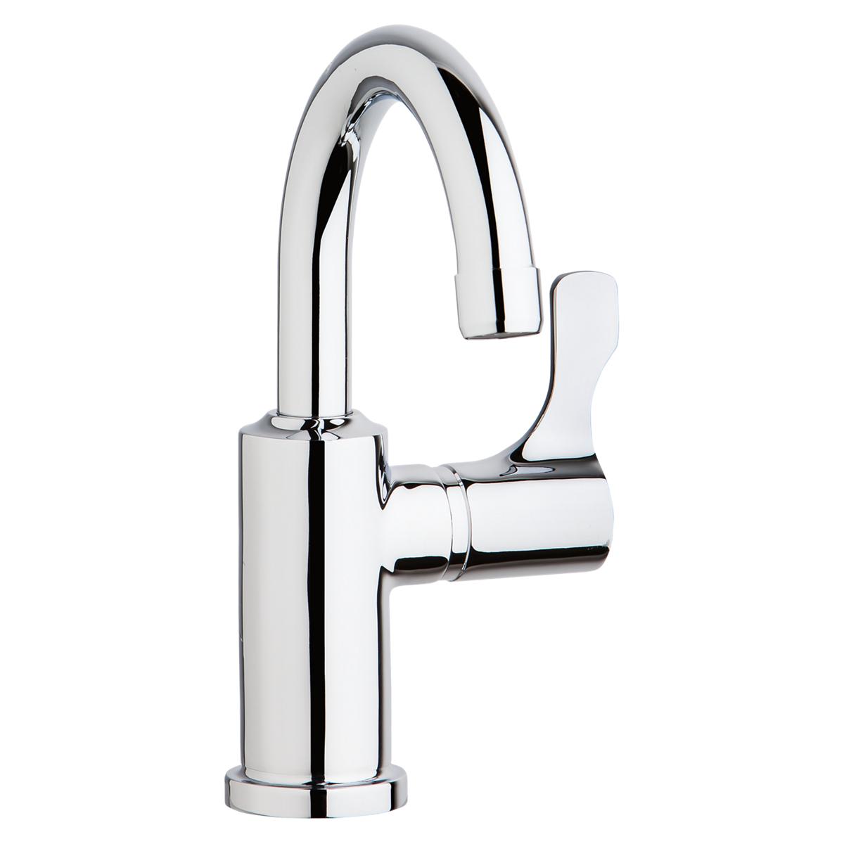 Chrome faucet with gooseneck spout and single lever handle for classroom sink application.