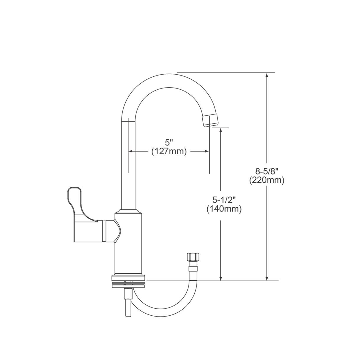 Chrome gooseneck deck mount faucet with left lever handle and dimensions marked.