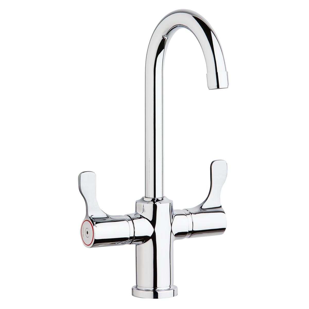 Chrome deck mount faucet with gooseneck spout and two lever handles.