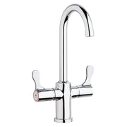 Chrome deck mount faucet with gooseneck spout and two lever handles.