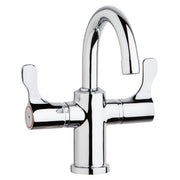 Chrome deck mount faucet with curved gooseneck spout and two white lever handles.