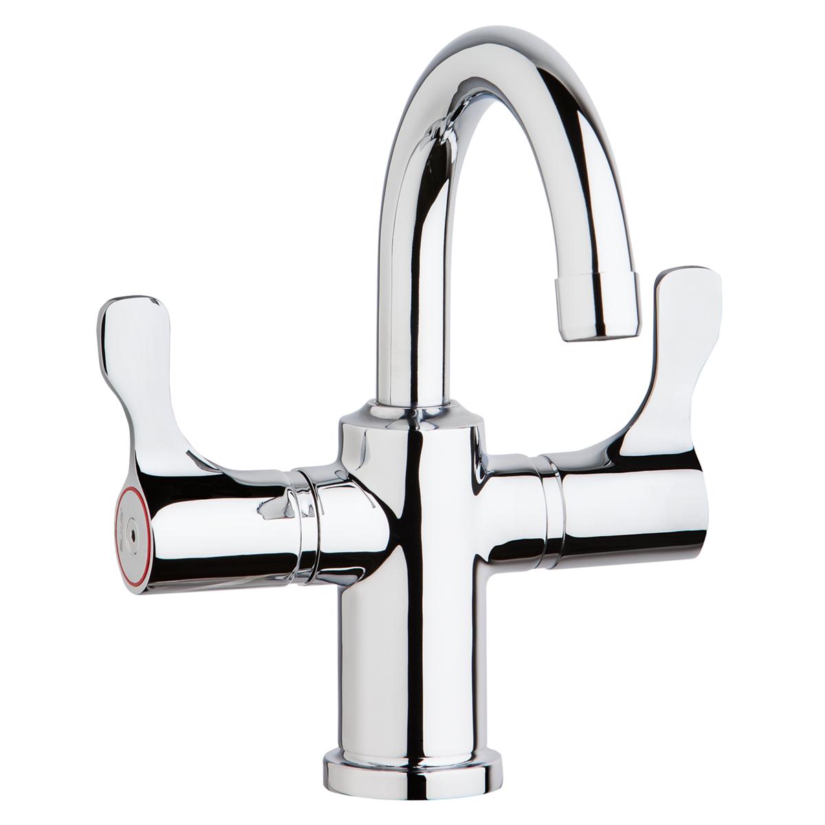 Chrome deck mount faucet with curved gooseneck spout and two white lever handles.