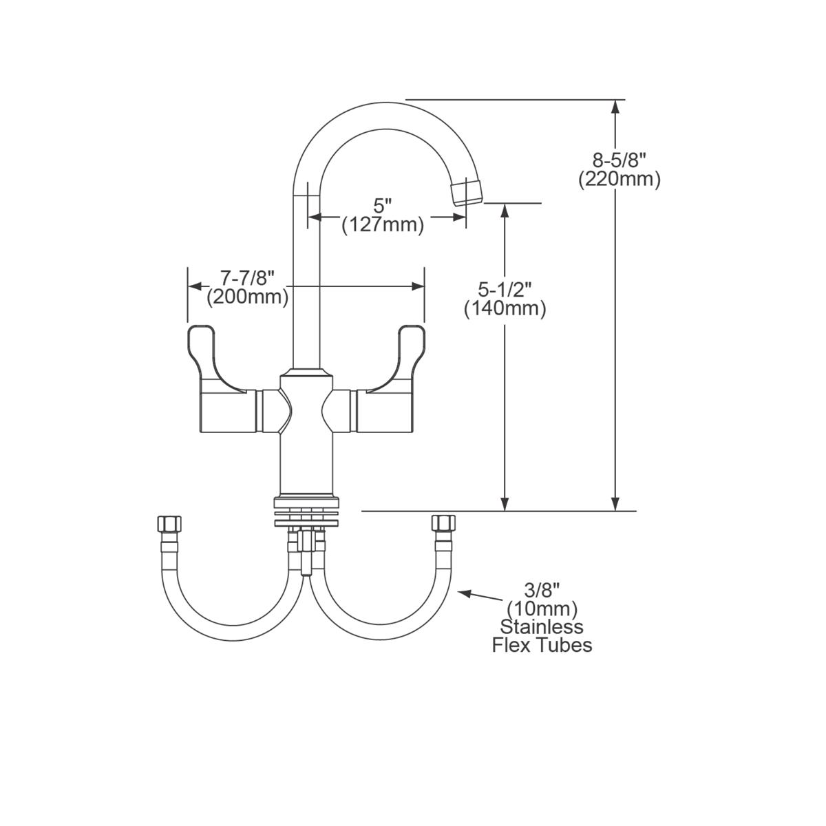 Chrome deck mount faucet with gooseneck spout and dual lever handles, shown with dimension measurements and stainless steel f