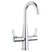 Chrome deck mount faucet with gooseneck spout and dual lever handles.