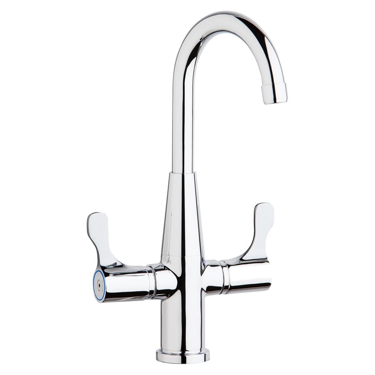 Chrome deck mount faucet with gooseneck spout and dual lever handles.