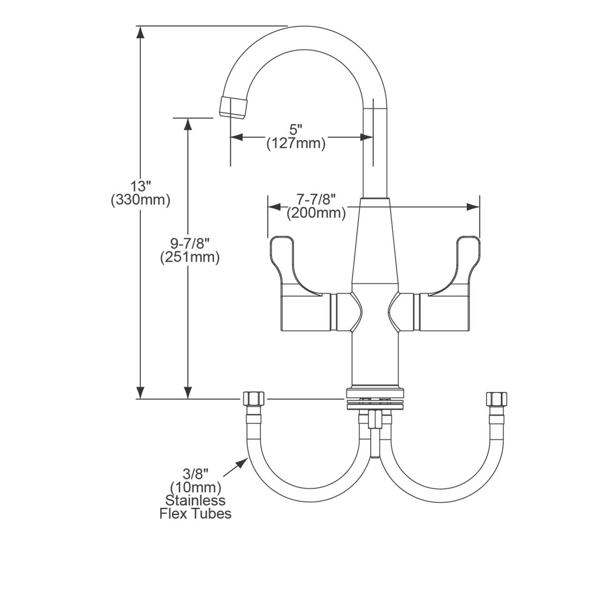 Chrome deck mount faucet with gooseneck spout and two lever handles, shown with dimensions and stainless steel flex tubes.