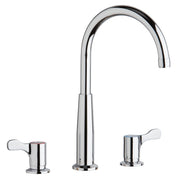 Chrome centerset faucet with tall curved gooseneck spout and two lever handles on round bases.