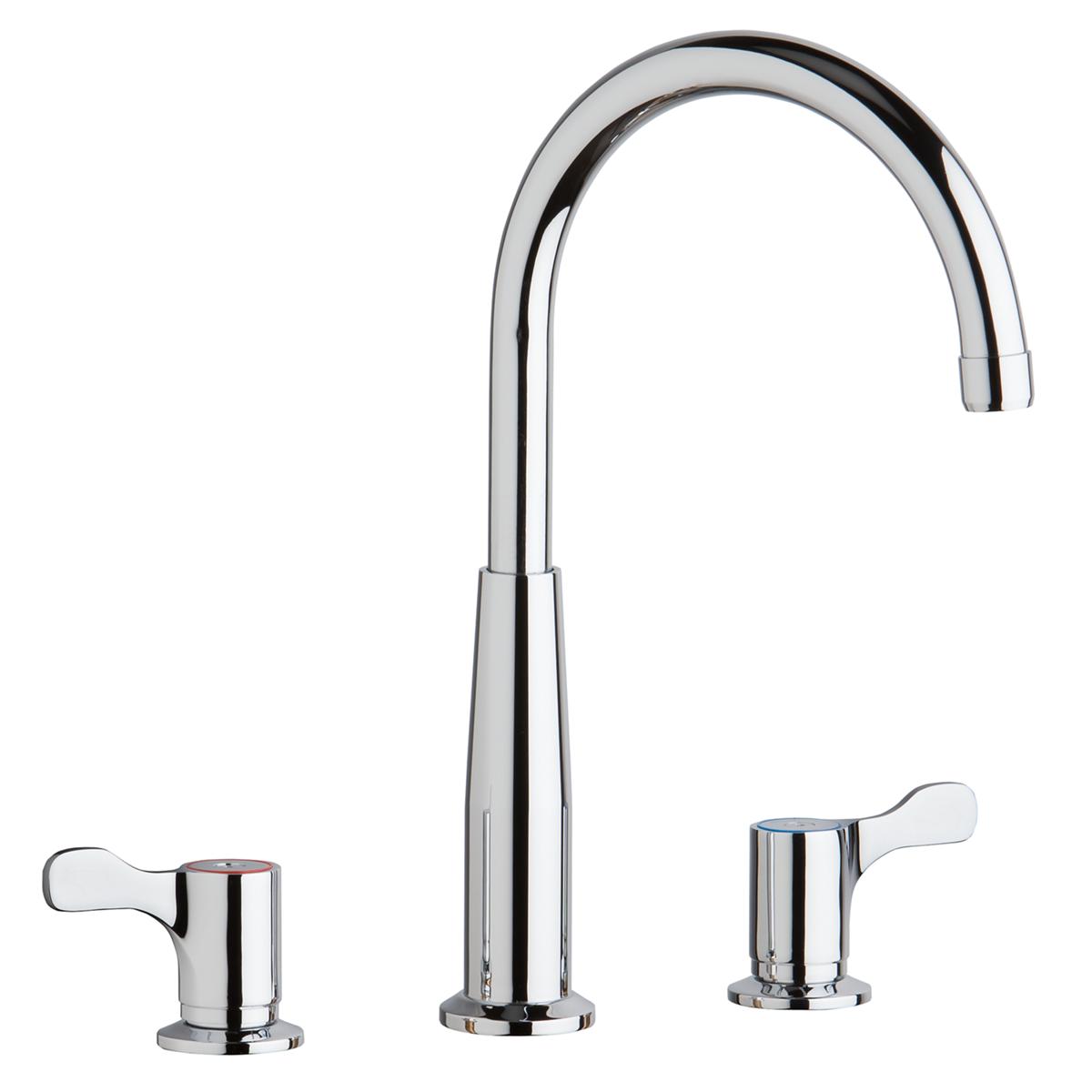 Chrome centerset faucet with tall curved gooseneck spout and two lever handles on round bases.