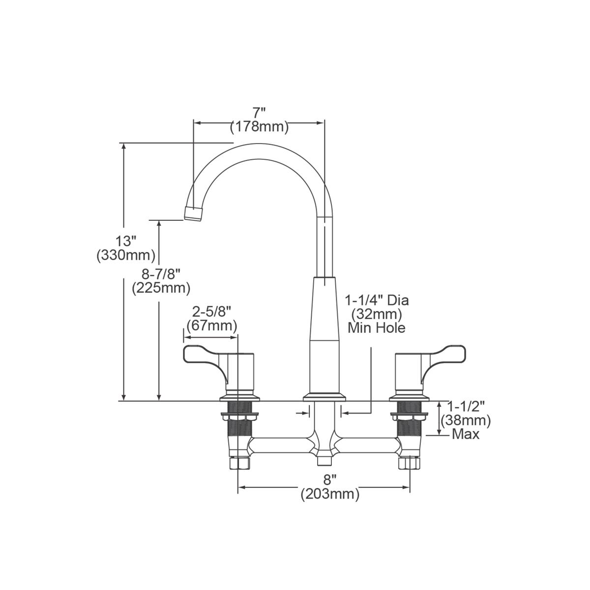Chrome deck mount faucet with gooseneck spout and two lever handles, 8" centerset configuration shown with dimension specific