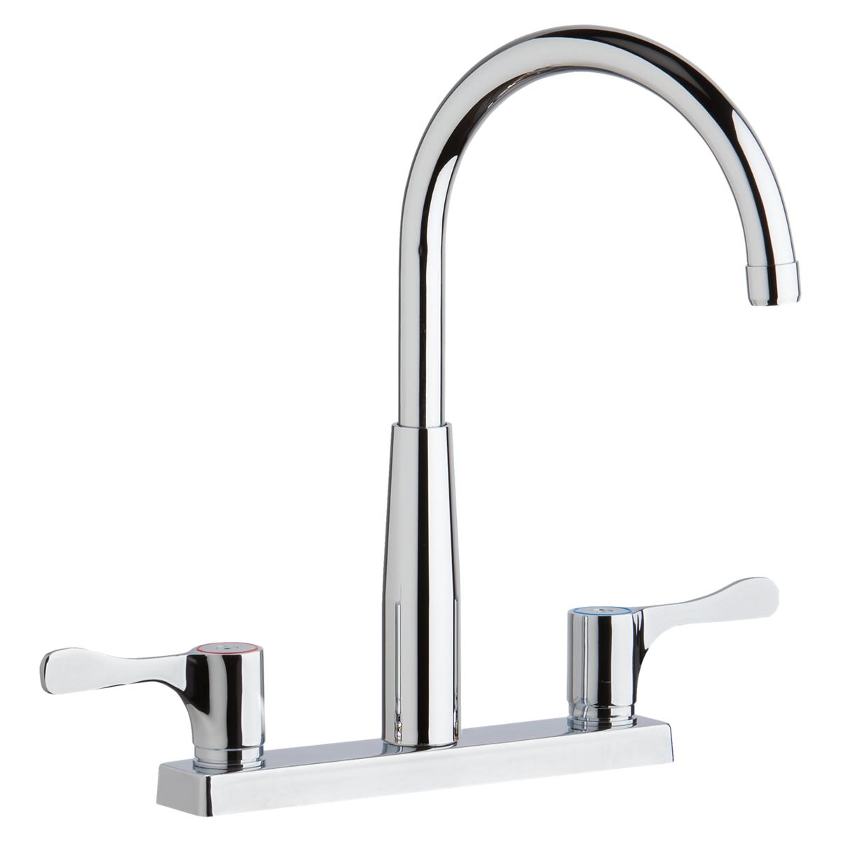 Chrome deck mount faucet with curved gooseneck spout and two white lever handles on rectangular base.