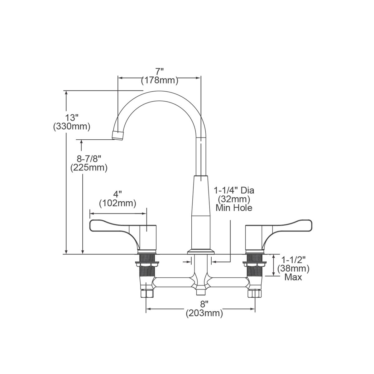 Chrome centerset faucet with gooseneck spout and two lever handles, 8" base width, 13" height.
