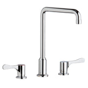 Chrome deck mount faucet with tall arc spout, two lever handles, and centerset configuration.